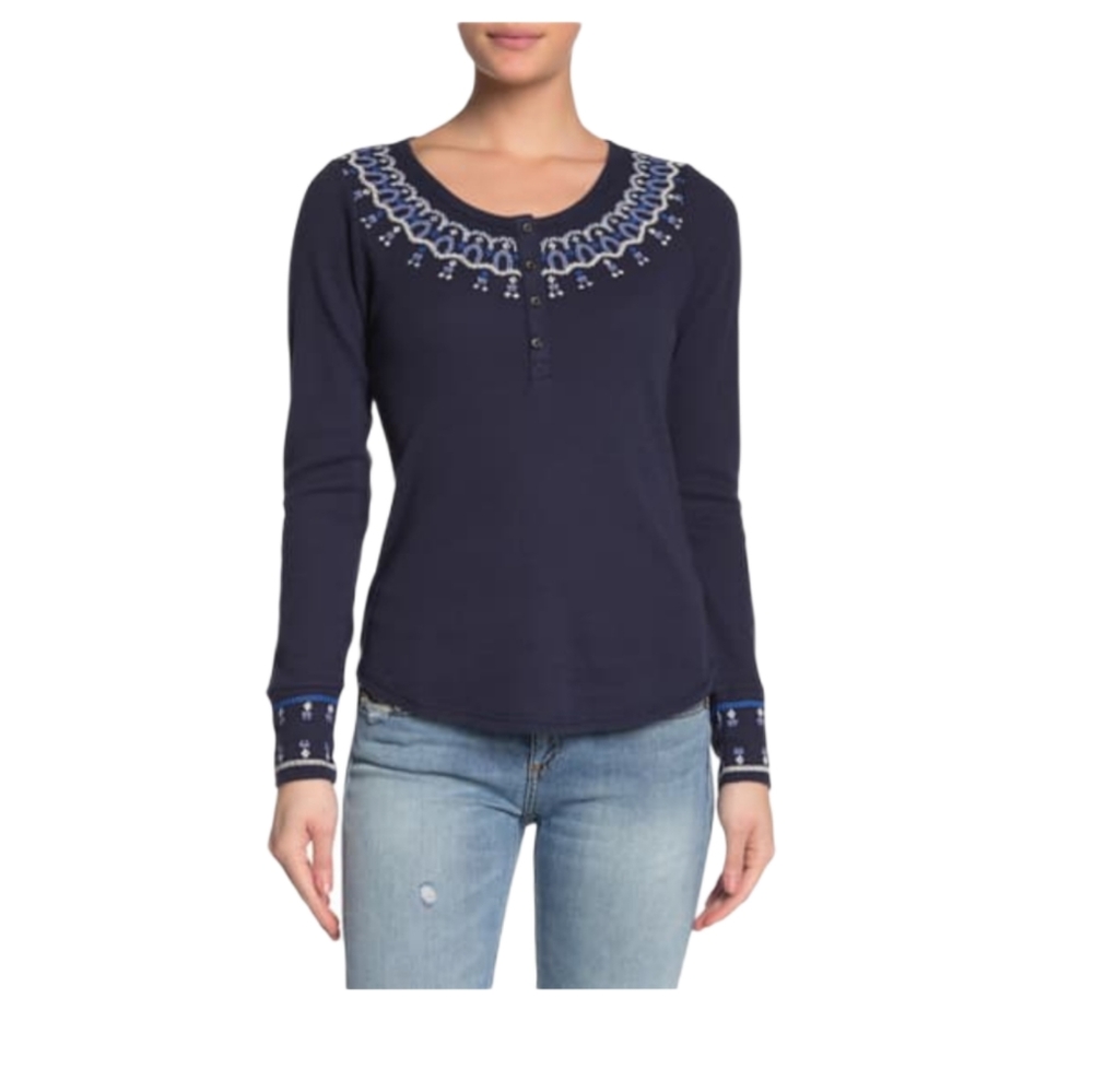 NWT Lucky Brand Embroidered Neck Thermal Henley